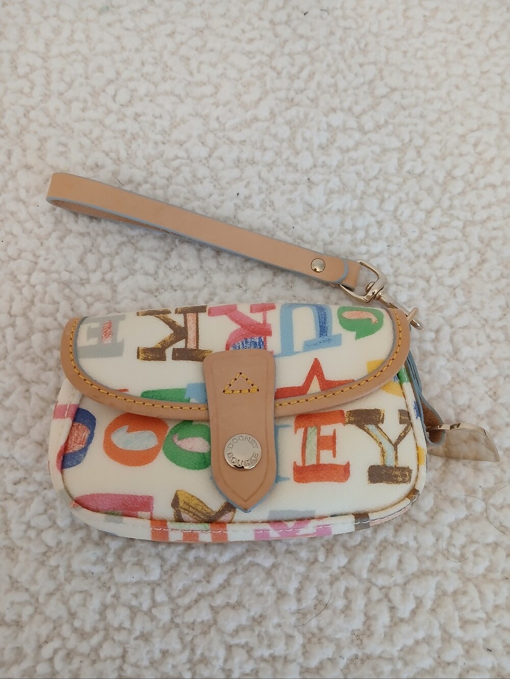 Dooney & Bourke Multicolor Letter Print Wristlet with Tan Strap NWOT